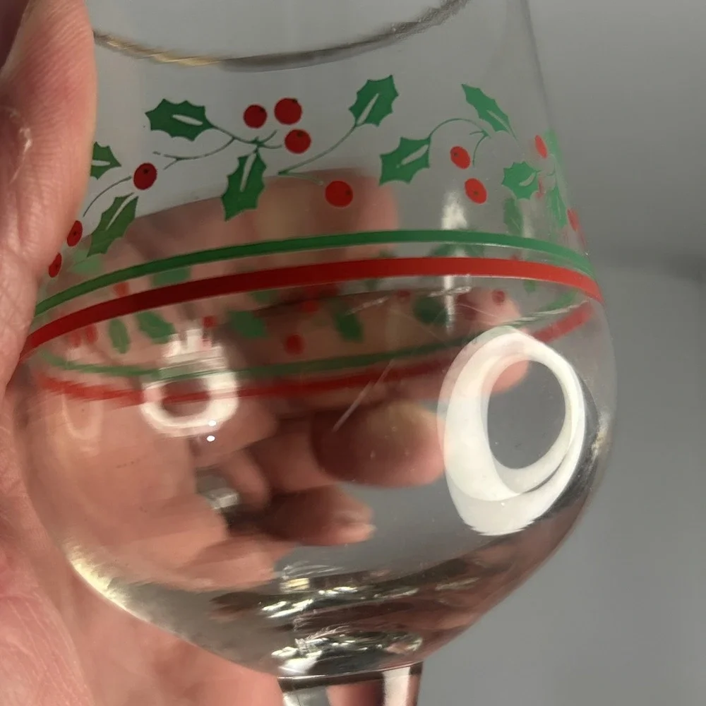Libbey Arby's 1985 Holly & Berry Christmas Wine Glasses Gold Rim Read